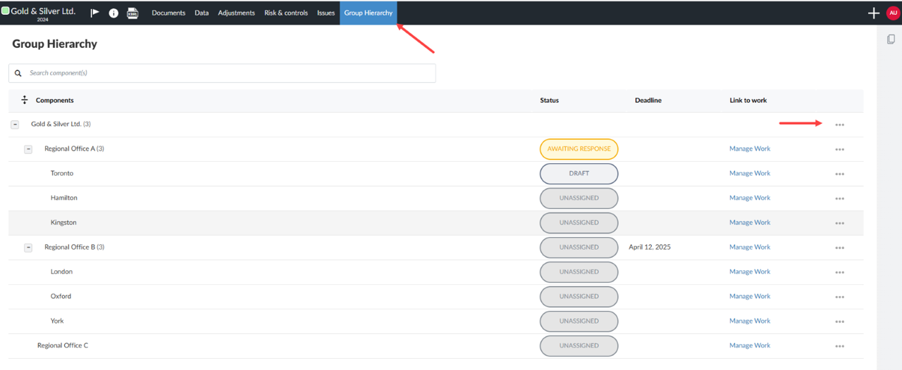 the user interface for the Group Hierarchy tab with an arrow pointing to the tabs location as well as the More actions icon for a component.